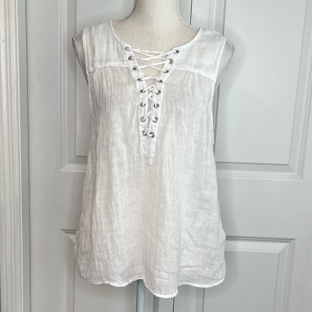 McGuire White Linen Tank Top Lace Up Front Small Metal Grommet Casual Vacation